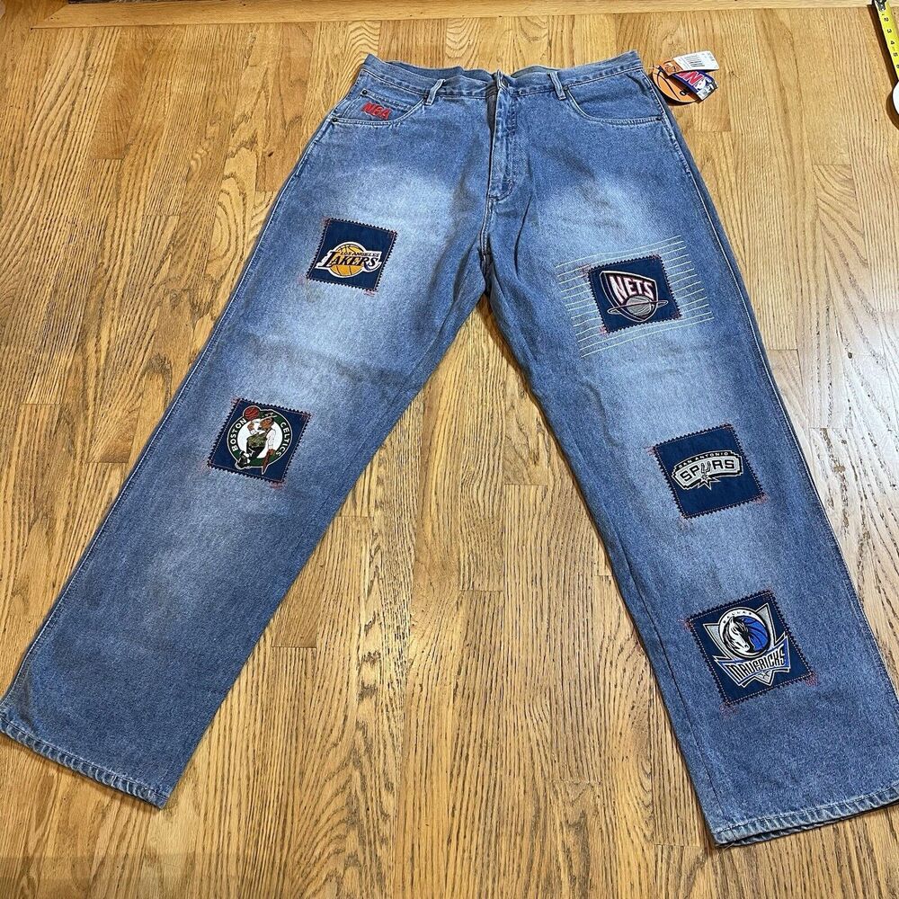 Unk Embroidered Basketball Patch Jeans NBA Team Logos Size 38 x 33 NWT Vtg Y2K